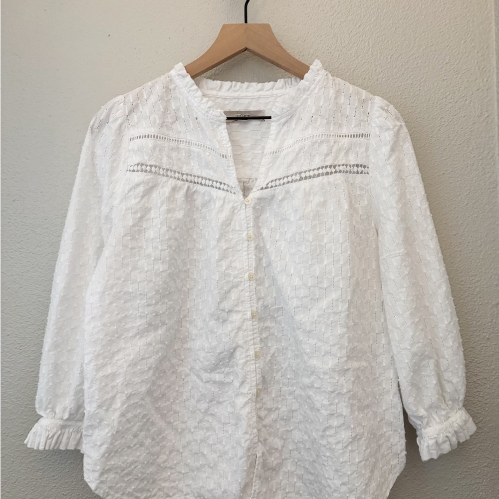 LOFT White Puff Sleeve Blouse with Mandarin Collar